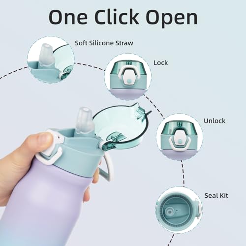 Image of BJPKPK 25 oz Insulated Water Bottle, Straw, Handle, Stainless Steel Flask | Leak Proof Locking Lid, Thermal, Double Wall Vacuum, Keeps Hot /Cold, Dishwasher Safe, Travel & Sports, Lavender Green