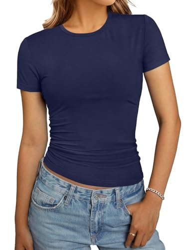 GKBK Womens Casual Basic Crop Tops Summer Short Sleeve Crewneck Slim Fit Cute T Shirts Navy Blue XL