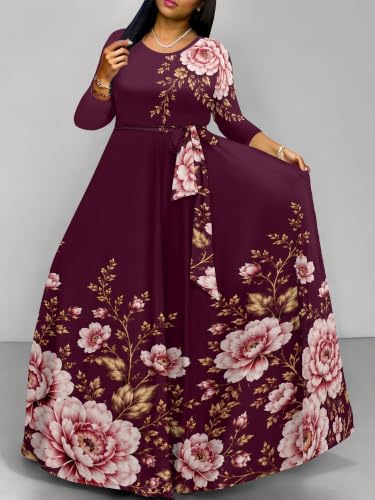 Image of Women Plus Size Long Sleeve V Neck Maxi Dress with Belt | Soft fabric relaxed fit three quarter sleeve v neck with pockets for party and daily wear
