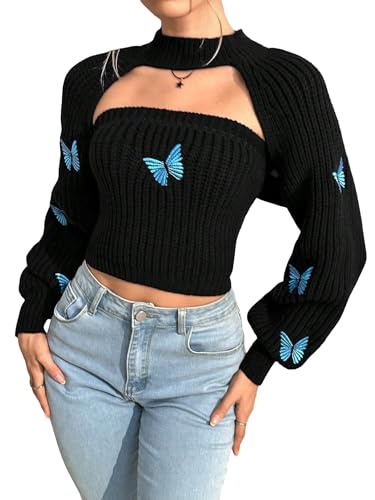 SOLY HUX Sweaters for Women Butterfly Embroidery Tube Knit Tops and Cropped Shrug Sweater
