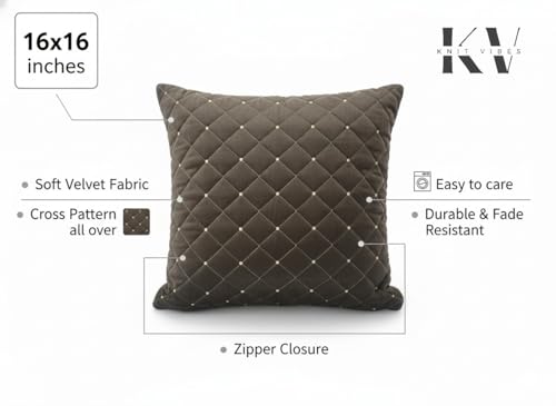 Image of Set of 5 Pcs Cushion Cover 16 x 16 Inches Soft Velvet Fabric Cusion Covers for Sofa Set /Diwan Beds, Color- Cross Coffee, Set of 5 Pcs