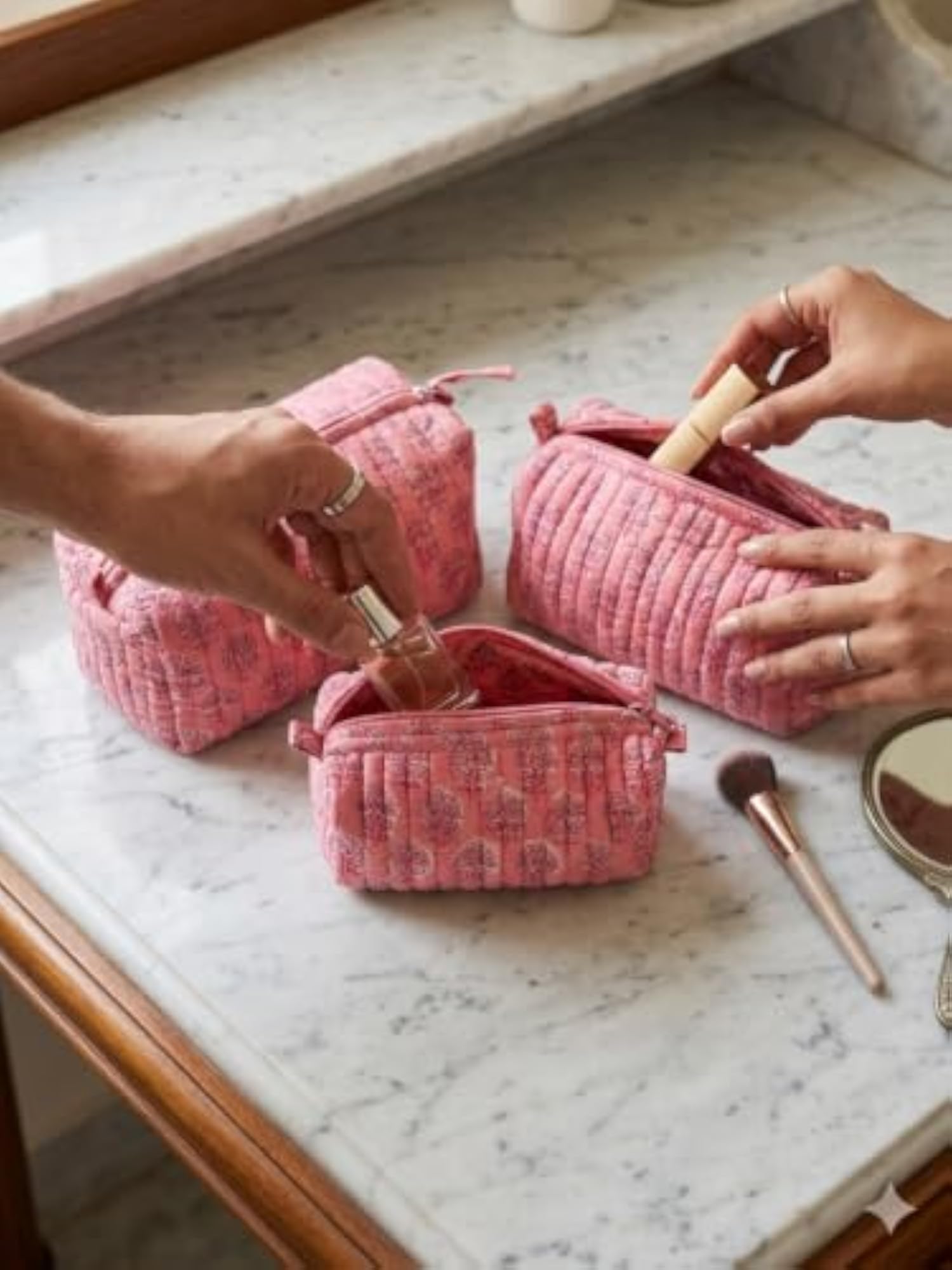 3pc Hand Block Print Quilted Cotton Cosmetic Pouches Set