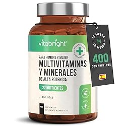 Multivitaminas Hombre Y Mujer 400 Tabletas, 27 Vit...: LAS MINERALES Y VITAMINAS Y PARA EL CANSANCIO MUJER Y HOMBRE: El complejo multivitaminas y minerales VitaBright está completo con el 100% de los requerimientos diarios de TODAS las vitaminas y muchos minerales. Está diseñado para todos. Estos supleme...