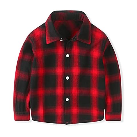 Boy Plaid Shirt Buttoned Short Sleeve Shirt Kids Blouse (Red, 3T) Cover