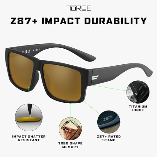 Image of TOROE VALLEY Z87+ Sunglasses, Matte Black | Polarized, TR90, Anti-Glare Polycarbonate, ANSI Safety Rated, White Emblem | Bronze