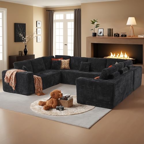 Image of HOOOWOOO Cloud Sectional Couches for Living Room,Modular Sectional Sofa No Assembly,136X110 Inch Plush Corduroy Large U Shaped Floor Couch Set with Deep Seat(Black)