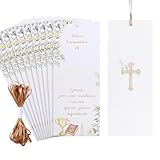 LEMESO Segnaposto Comunione Bigliettini Bomboniere Prima Comunione Segnalibri 7x17,5cm 50pz di Design Originale con Nastrino 20 Metri per Bambino Bambina