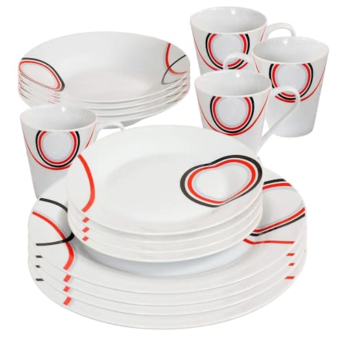 16 Piece Dinner Set - Red & Black Patterns Dinnerware Set | 4 Bowls, 4 Side Plates, 4 Mugs, 4 Soup Plates | Kitchen Microwave & Dishwasher Safe - for Cereal, Desserts, Porcelain Cup, Gift