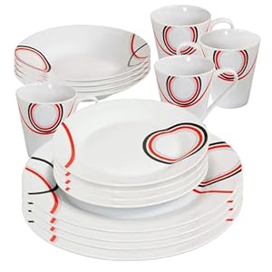 16 Piece Dinner Set – Red & Black Patterns Dinnerware Set | 4 Bowls, 4 Side Plates, 4 Mugs, 4 Soup Plates | Kitchen Microwave & Dishwasher Safe – for Cereal, Desserts, Porcelain Cup, Gift