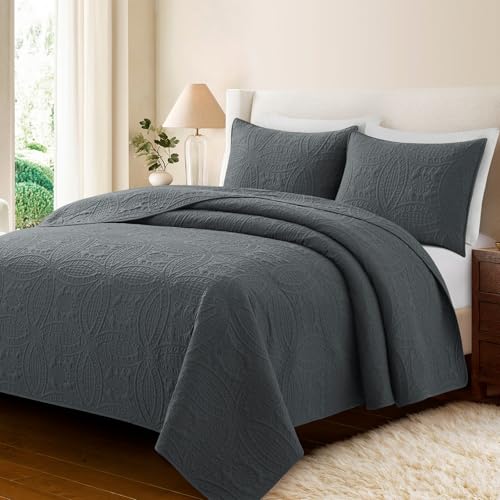 Safonory Quilt Set Full/Queen Size(90"x96", Dark Grey) - Summer Thin Soft Coin Pattern Quilted Bedspread for Queen Bed - 3 Pieces Lightweight Gray Coverlet Bedding Set(1 Quilt, 2 Shams)