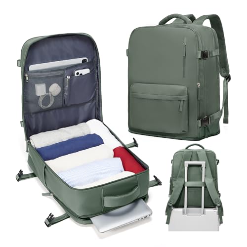 Mochila de viagem de mão para mulheres e homens, grande, para trilha, notebook, faculdade, mochilas para viagens, item pessoal, impermeável, leve, aprovada para voos, verde militar