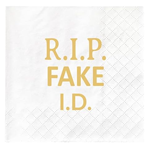 Joyiou RIP FAKE ID Napkins, 21st Birthday Decorations Party Supplies Dessert Napkins for Him Her, Funny 21st Birthday Gifts Disposable Paper Beverage Napkins, 50-Pack 2-Ply, Folded 4.5 x 4.5 inches Cover