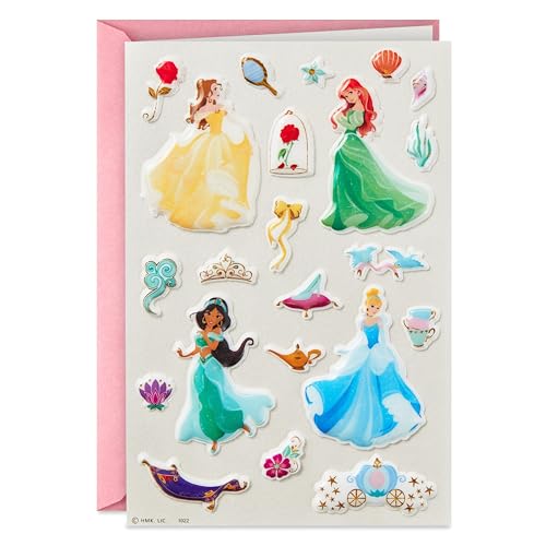 Hallmark Signature Disney Princess Birthday Card with Stickers (Belle Ariel Jasmine Cinderella)