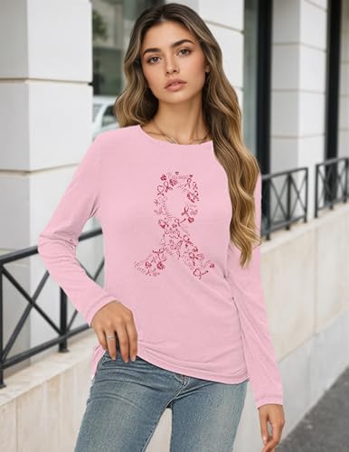 Breast Cancer Long Sleeve Shirts for Women Pink Ribbon Graphic Tees Cancer Awareness Support Gift2