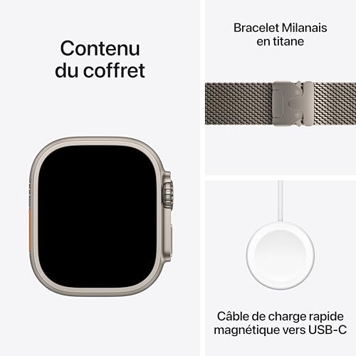 Apple Watch Ultra 3 [GPS + Cellular 49 mm] Montre connectée Course à Pied et Multisport avec boîtier Titane Naturel et Bracelet Milanais Naturel. Communications Satellite, Suivi santé et activité