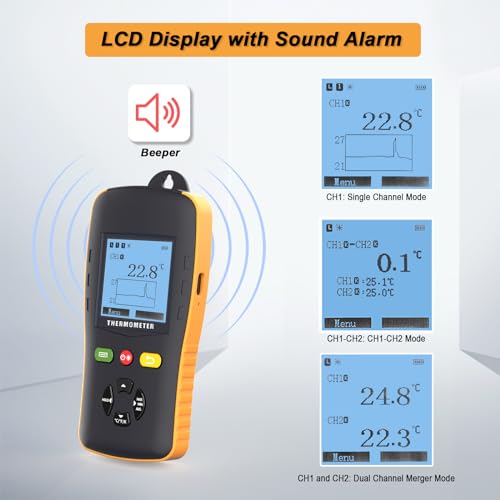 Image of Tzone Dual Channel Thermocouple Data Logger K Type, USB Temperature Logger with Probe High Temp Recorder for K /T /J Sensor, Digital Thermometer Recording with 61440 Group for HVAC Lab Industrial Oven