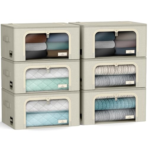 Sorbus Clothes Storage Bins, Clear Window & Handles (6 Pack, Beige)