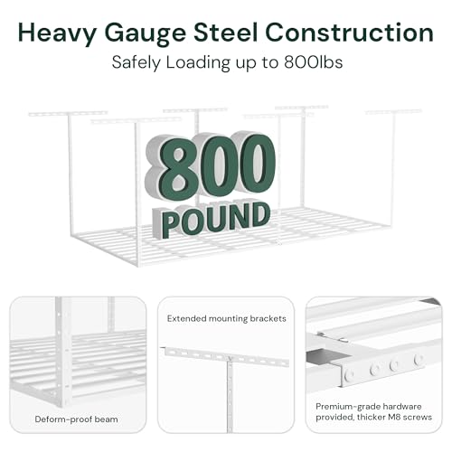 Image of SunsGrove 4x8 Overhead Garage Storage Rack Organization, Adjustable Ceiling Mounted Storage Racks, 800LBS Weight Capacity, 22 inch-40 inch Ceiling Dropdown, White