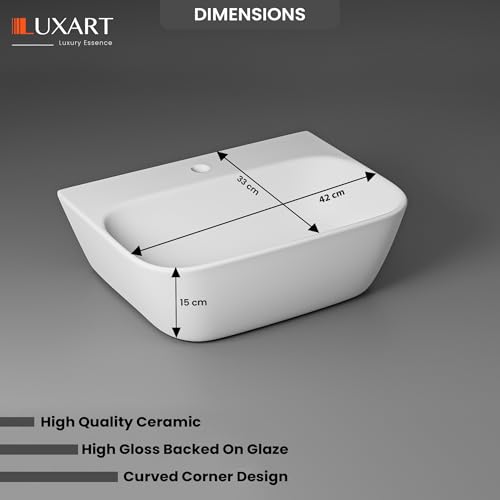 Image of LUXART Tabletop Wash Basin For Bathroom - 16.5x13x6 IN Ceramic Glossy White Wall Hung & Countertop Washbasin | Vessel Sink For Hotel, Dining Hall, Vanity | Over counter Top Washroom Sink