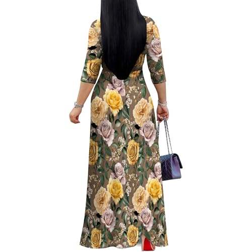 Image of PinkPatty Women's Plus Size Maxi Dress Casual 3 /4 Sleeve Dress with Belt | Soft stretch feel, printed style, flowy A-line fit, v neck, waist tie, side pockets, for vacation, party and daily wear