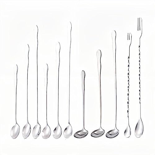 11 Pieces Set - 304 Stainless Steel Silverware Tableware Set Long Handle Bar Spoon Gourd Spoon Double Head Spoon Fork Ice Spoon Honey Measuring Spoon Stirring Spoon Seasoning Spoon