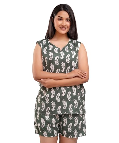 Image of Women's Cotton Printed Night Suit Set of Top & Shorts Sleeveless Women's Lounge Wear Set