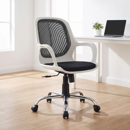 Image of INNOWIN White Ergonomic Office Chair with Mesh Back, Cushioned Seat, Height Adjustable Swivel Computer Desk Chair with Armrests, 360 Rolling Wheels for Home Office Study