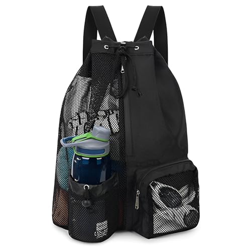 Skycare Swim Bag Mesh Drawstring Backpack with Wet Pocket Beach Backpack for Swimming Gym and Workout Gear (Black)
