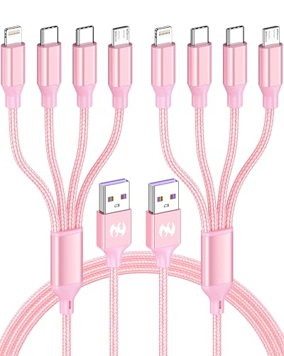 HYXing Multi Charging Cable 4ft 2Pack, Doub Tyep-C 4 in 1 Charging Cable Nylon Braided Lightning iPhone Charger,Universal Charger Phone Cord with Type-C,Micro USB,IP Port for iPhone17-5/Android -Rose