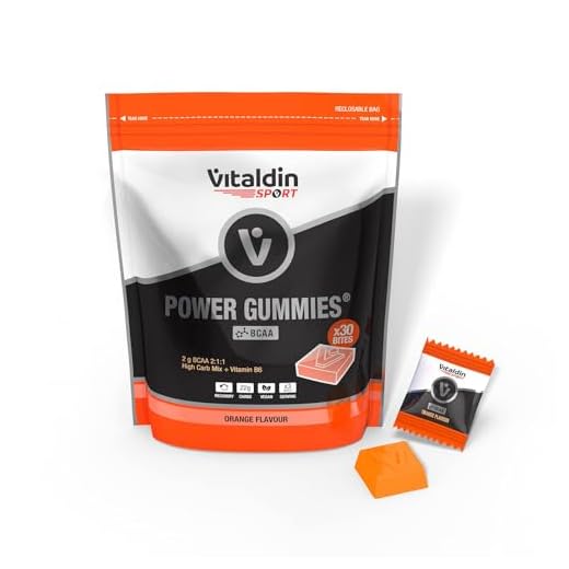 VITALDIN SPORT Power Gummies – Protección y recuperación muscular – 2 gr de Aminoácidos BCAA de ratio 2:1:1 por serving + Vitamina B6 – Doypack de 30 Bites de gominola – Sabor naranja – Vegano
