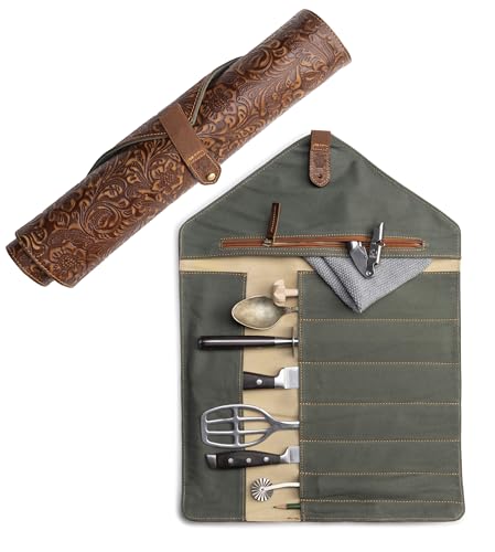 Angus Stoke Messertasche für Kochmesser aus Büffelleder - Exklusive Unikat 7-Fach Messerrolltasche geschnitzt mit Extra-Fächern – Kochtasche Garry (Braun)