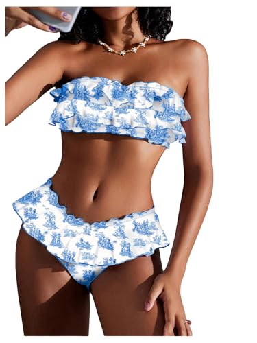 WDIRARA Women's Floral Bikini Set 2 Piece Bandeau Layered Ruffle Swimsuit Strapless Bathing Suit