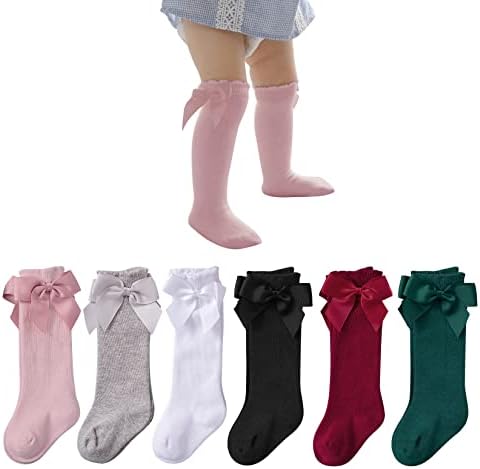 Century Star Baby Girls Bow Knee High Socks Toddlers Ruffled Tube Socks Infant School Uniform Leggings Long Stockings 06Pcs Black&White&Grey&Pink&Red&Dark Green 6-18 Months
