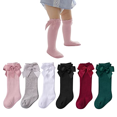 Century Star Baby Girls Bow Knee High Socks Toddlers Ruffled Tube Socks Infant School Uniform Leggings Long Stockings 06Pcs Black&White&Grey&Pink&Red&Dark Green 6-18 Months #TOP26