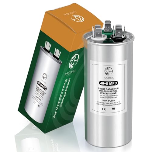 40+5μf ±5% 40/5 MFD 370/440 VAC 50/60Hz CBB65 Dual Run Start Round Capacitor for Condenser Straight Cool, AC Unit Fan Motor Start, Heat Pump, Air Conditioner, Pool Pump