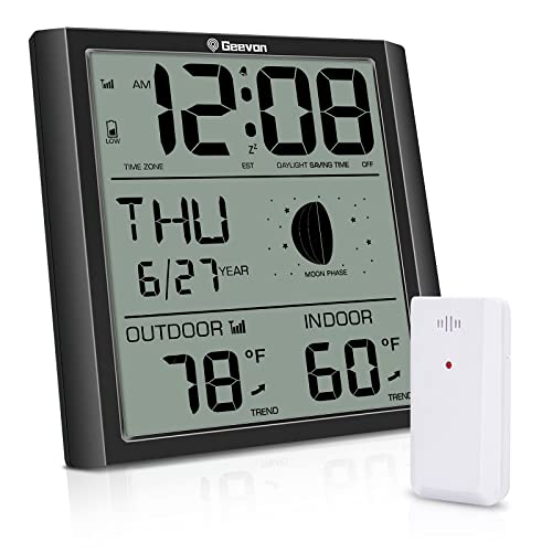 Geevon Digital Atomic Wall Clock,Auto-Set Atomic Alarm Clock with Indoor Outdoor Temperature,Calendar,Moon Phase for Home Office Elderly(1 Wireless Outdoor Sensor) Update