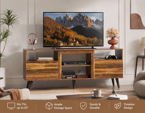 Image of WLIVE Mid-Century TV Stand for TVs Up to 65 inch, Storage Cabinet, Retro Brown