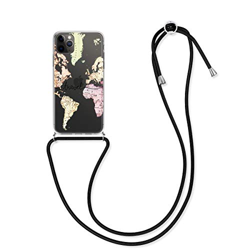 kwmobile Crossbody Case Compatible with Apple iPhone 11 Pro Max - Clear TPU Cell Phone Mobile Cover Holder with Neck Cord Lanyard Strap - Travel Black/Multicolor/Transparent