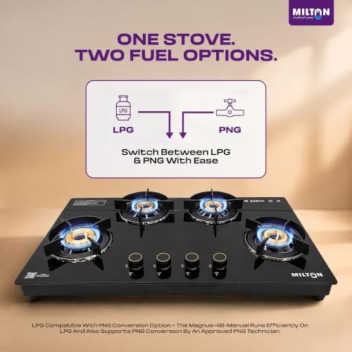 Image of Milton Magnus 4 Burner Gas Stove Hobtop | Built-In Hob with Auto Ignition | Italian SABAF Valves | 8mm Toughened Glass Top | 360 Nozzle | ISI Certified | 5 Years Glass Warranty
