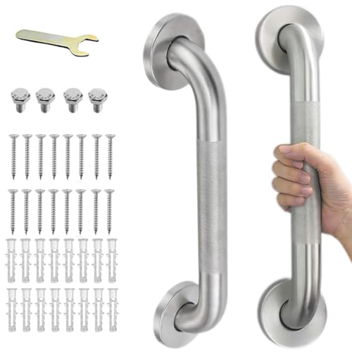 IJDD 12 Inch Shower Grab Bars for Seniors, 2 Pack Brushed Nickel Stainless Steel ADA Grab Bars with 1.25'' Diameter Anti-Slip Textured Surface, Shower Safety Hand Rails for Elderly Handicapped