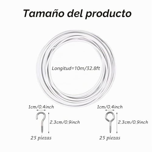 Miniatura 2 de 10 M Blanco Cable Cortina Flexible Con 25 Pernos De Ojo, 25 Ganchos Para Atornillar Para Colgar Cortinas De Ducha