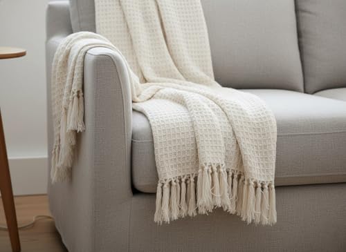 Image of 100% Cotton Waffle Weave Sofa Throw Blanket 50x60 Inches or 125x150 cms Lightweight, Soft & Breathable Couch, Bed or Chair Throw Blanket for Living or Bedroom, Beige