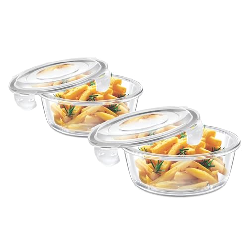 Image of Signoraware Safe Store Glass Round Containers | Airtight & Leakproof | Microwave Safe | Ideal for Reheating, Baking or Serving, Office Lunch & Outdoor Activities (400ml+620ml | Setof2 | Clear)