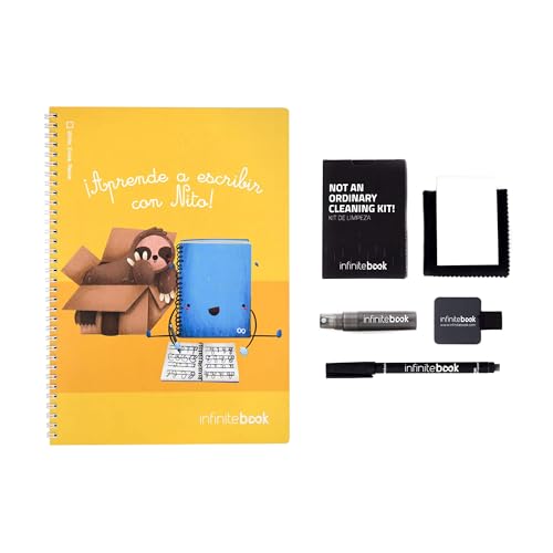 InfiniteBook Caligrafía A4 Starter Kit – Cuaderno Reutilizable para Niños | Aprende a Escribir con Rotulador, Paño y Soporte | Pizarra Blanca Portátil y Educativa | Eco Friendly