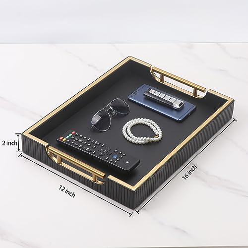 Wooden Structure Leather Decorative Coffee Table Square Tray, Farmhouse Counter PU Tray - Room Serving Trays, Brushed Champagne Gold Handle (Black) by SYRWDXTX - Used condition - Image 5