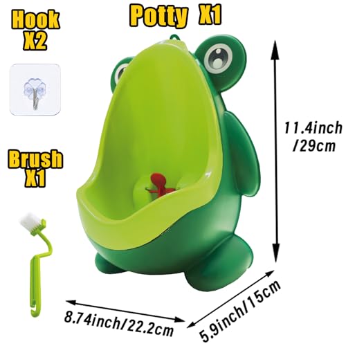 Frog Pee Training with Brush and Hooks, Green Cute Potty Training Urinal,Potty Training Toilet for Boys Kids Toddler with Funny Aiming Target,Frog Shape Pee Trainer