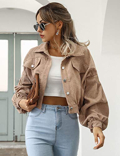 Qiaomai Womens Cropped Corduroy Jacket Loose Button Down Puff Sleeve Shacket Coat4