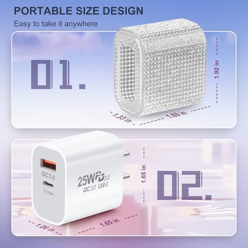 Image of Aolcev for iPhone Charger Fast Charging Bling 2 in 1 USB C Charger Block | 25W Type C Fast Charging Blocks Bling USB A USB C Adapter for iPhone 17 16 15 14 13 iPad Galaxy S26 S25 Rhinestones Sliver