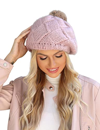 Clearlove Cappello Donna Invernale Berretto Donna con Pom Pom Cappello Donna da Sci Beanie in Maglia Fodera in Pile Spesso B-Rosa