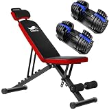 CuteeFox 商品 トレーニングベンチ＋可変式 ダンベル 24kg アジャスタブルダンベル 2個セット 2.5～24kg 15段階調節 5秒で重量調整 クイックダンベル 筋トレ 折り畳み フラットベンチ 腹筋 背筋 ダンベルベンチ 角度調節簡単 収納便利 009ZH (赤青)